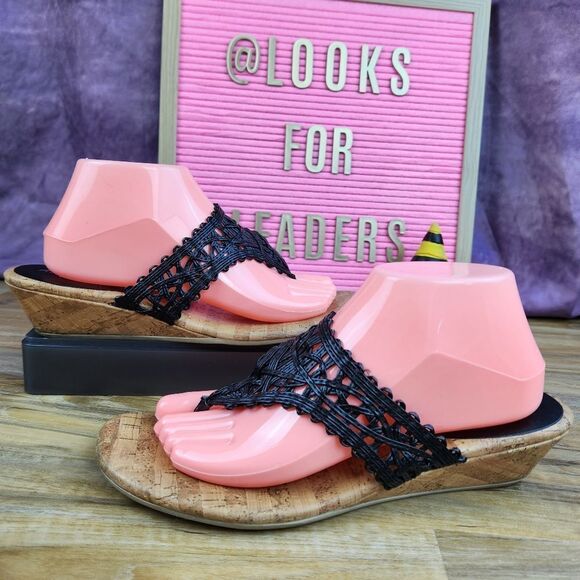 💜DexFlex Comfort Black Wedge Sandals Size 9.5 - Picture 4 of 15